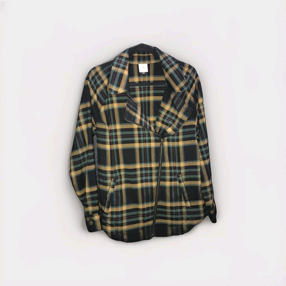 Cabi Moto Plaid Full Zip Blazer Jacket Size Medium Yellow Green Black Red 4401